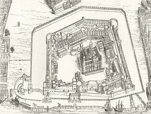 Vue aérienne de la Tour de Londres en 1688, de 